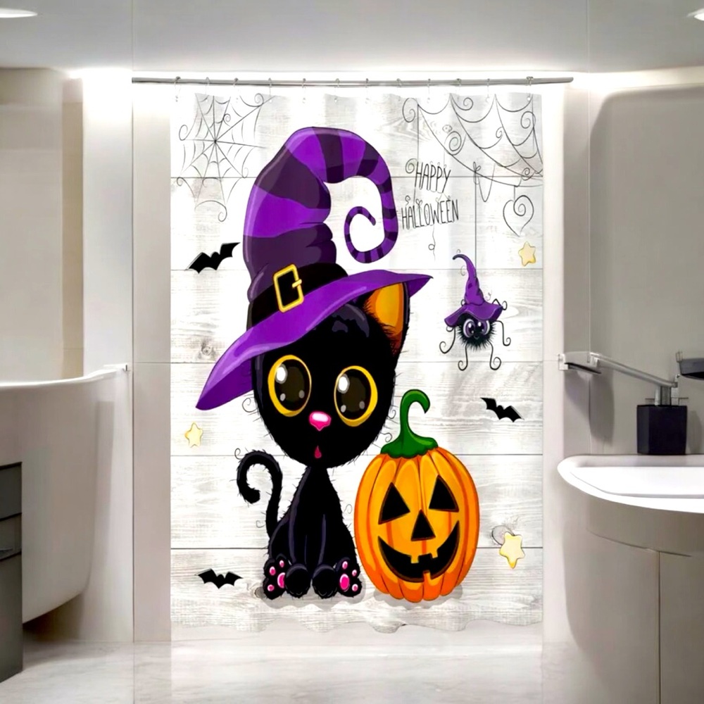 Cute Black‎ Cat Halloween Shower Curtain With Hooks For Bathroom Decoration